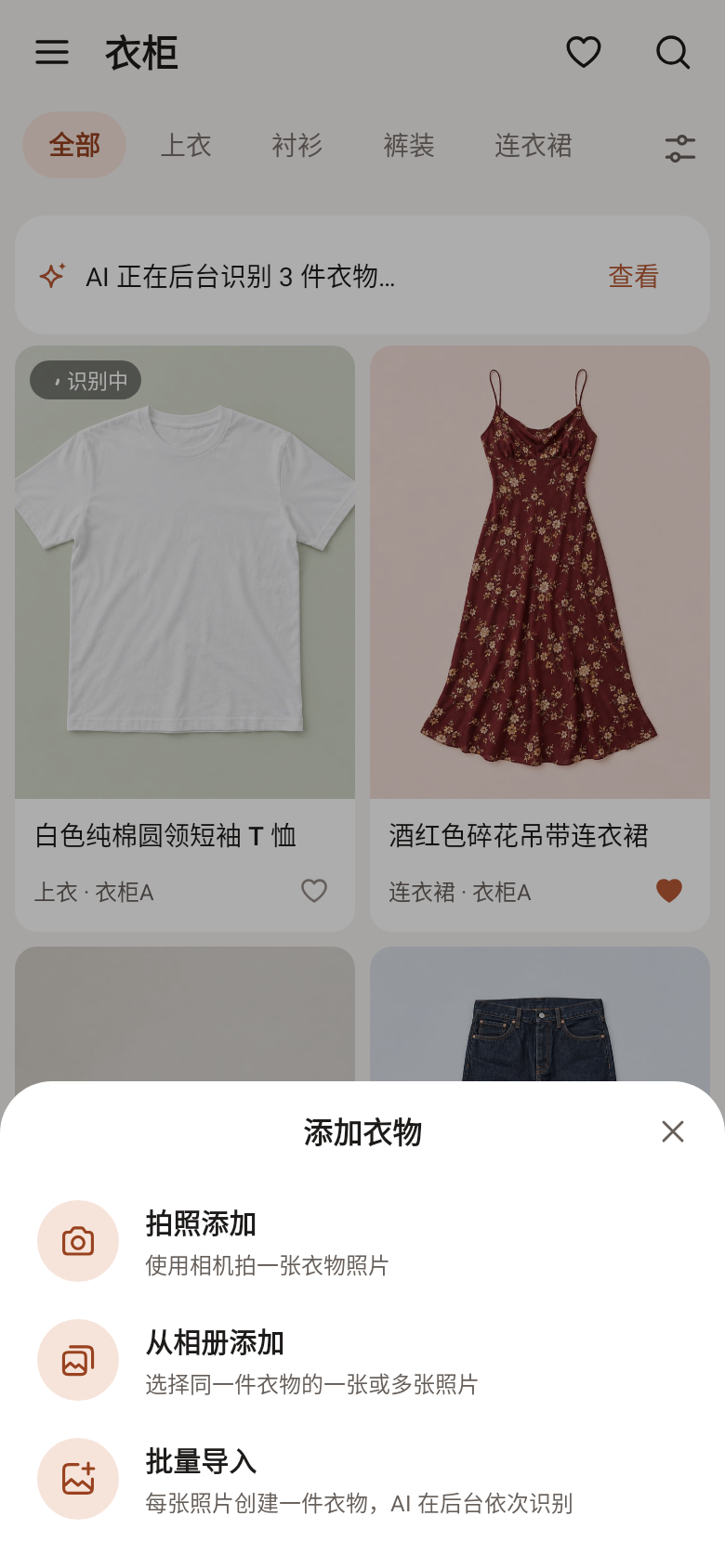 添加衣物：拍照、相册多选、批量导入